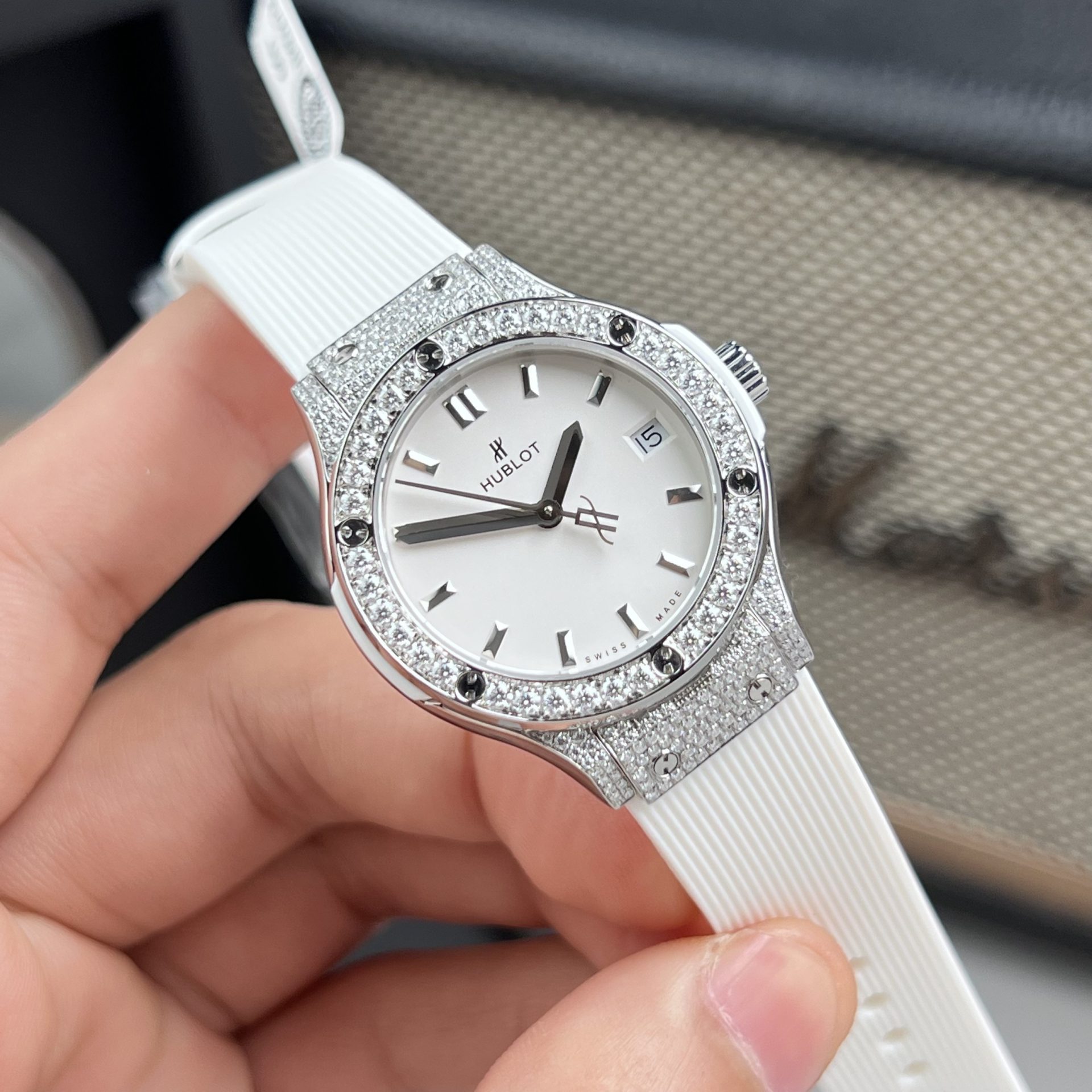 Hublot Replica Watch Classic Fusion White Dial Custom Moissanite Diamonds 33mm