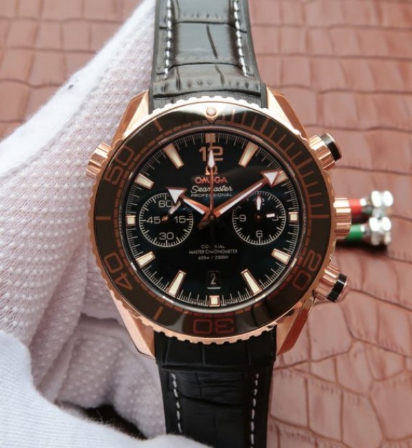 Replica Omega Planet Ocean Master Chronometer RG Black Bezel Black Dial Leather A9301