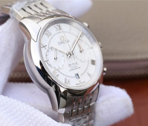 Replica Omega OMF De Ville Chronograph 42mm White Dial SS Bracelet A9300