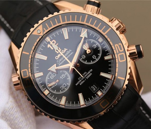 Replica Omega OMF Planet Ocean Master Chronometer RG Black Polished Bezel Black Dial Leather A9901