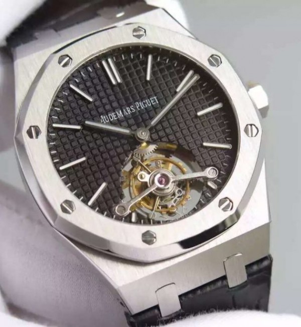 Replica Audemars Piguet TF Royal Oak 41mm Tourbillon SS Black Dial Black Leather Strap