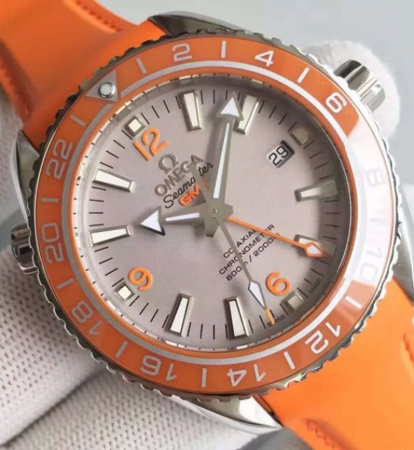 Replica Omega Planet Ocean SS GMT Gray Dial Orange Bezel Rubber Strap A8615