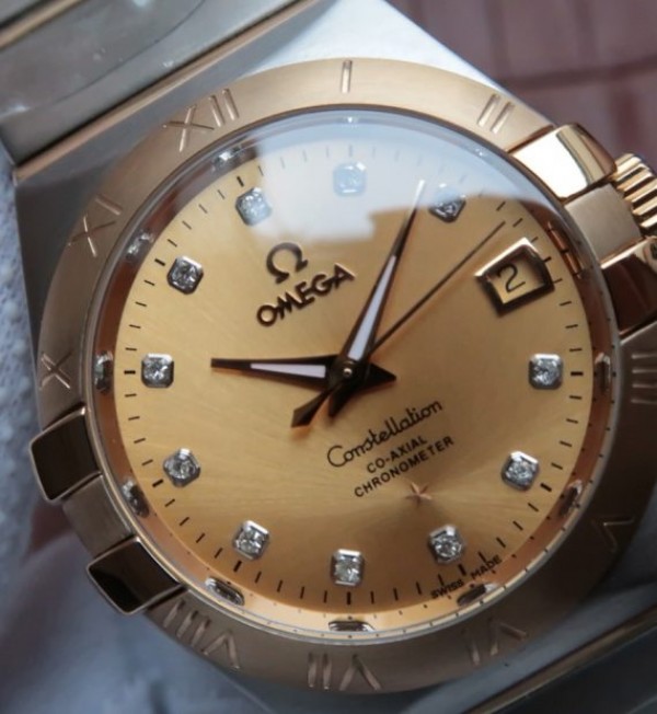 Replica Omega V6 Constellation 35mm Yellow Dial YG Bezel Diamonds Markers SS Bracelet A2500