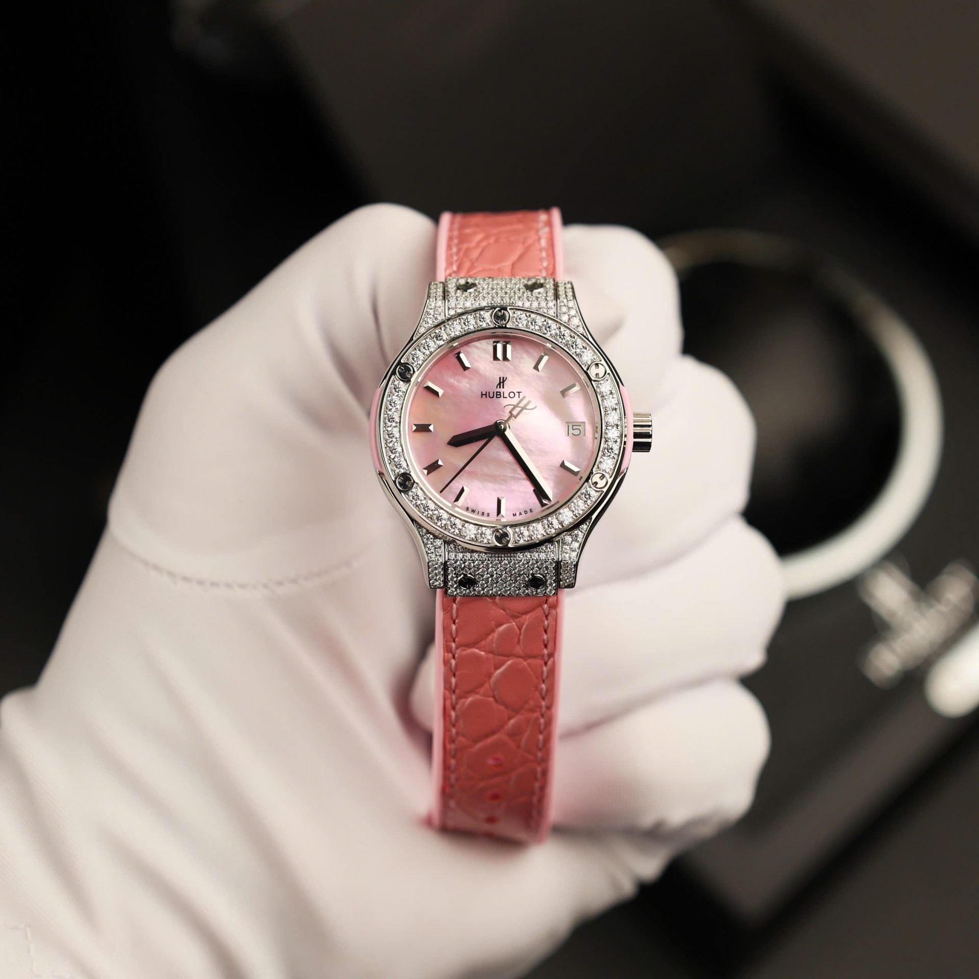 Hublot Classic Fusion Replica Watch Mother Of Pearl Dial + Moissanite Diamonds 33mm