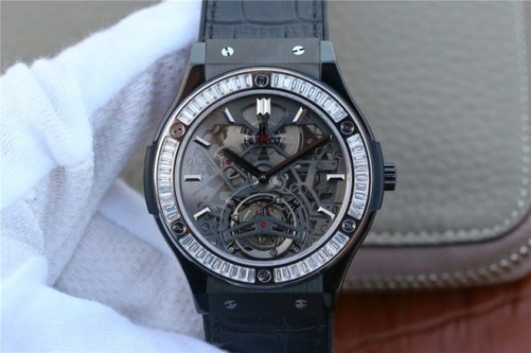 Replica Hublot Classic Fusion Tourbillon 42mm TF SS PVD Diamonds Bezel Skeleton Dial Gummy Strap A23J
