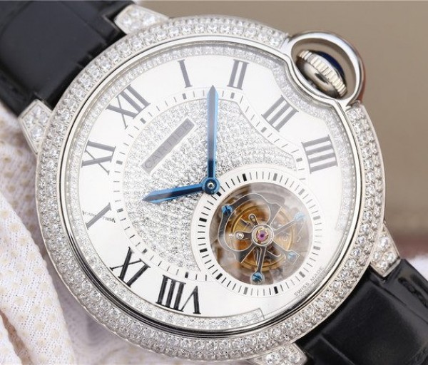 Replica Cartier Ballon Bleu de Cartier Tourbillon SS paved Diamonds Leather Strap