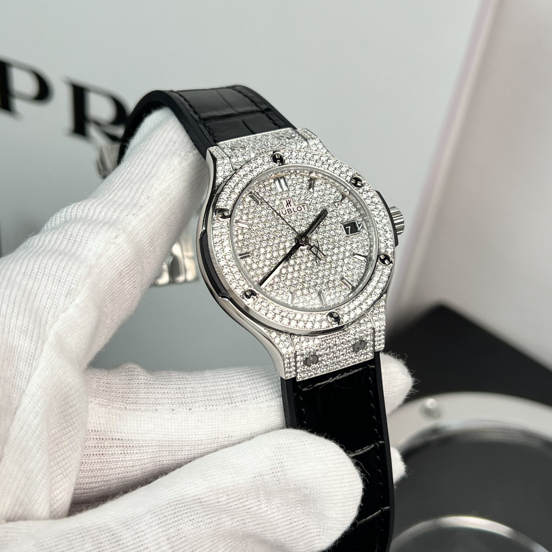Hublot Classic Fusion Replica Watch With Full Moissanite Black HBF 38mm