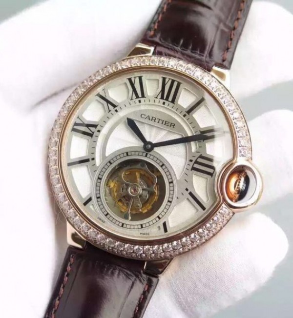 Replica Cartier Ballon Bleu Tourbillon RG Diamond Bezel Brown Leather Strap