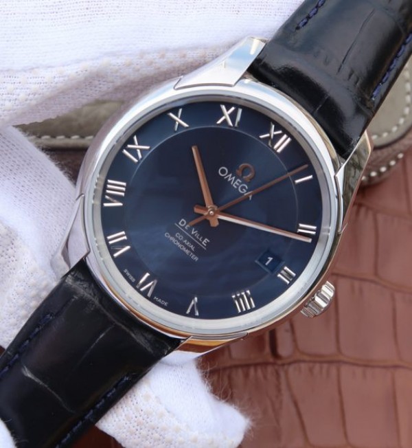 Replica Omega V6 De Ville 41mm SS Blue Dial Black Leather Strap A8500