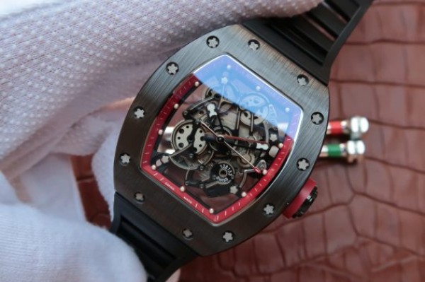 Replica Richard Mille RM055 Black Ceramic Red Inner Bezel Skeleton Dial Black Rubber Strap MIYOTA8215