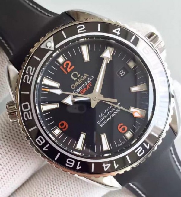 Replica Omega Planet Ocean SS GMT Black Dial Orange Markers Rubber Strap A8605