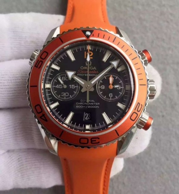 Replica Omega Planet Ocean 45mm Chrono Orange Bezel Black Dial Rubber Strap A9300