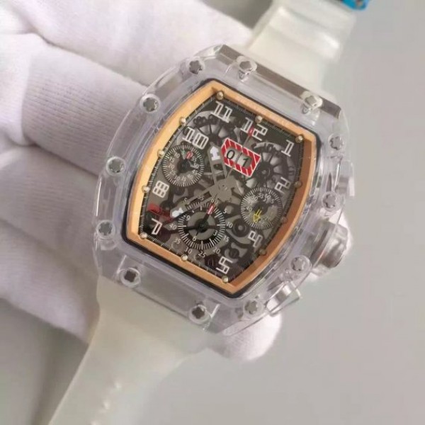 Replica Richard Mille RM011 Transparent Case RG/Black Bezel Skeleton Dial White Rubber Strap A7750