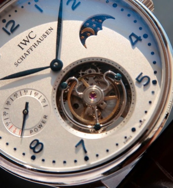 Replica IWC Portuguese Tourbillon Blue Markers Power Reserve Moonphase White Dial