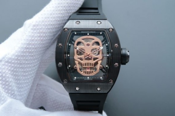 Replica Richard Mille RM052 Black Ceramic Gold Skull Dial Black Rubber Strap MIYOTA8215