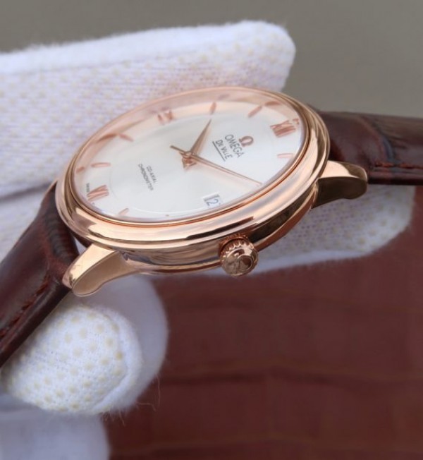 Replica Omega V6 De Ville 37mm RG White Dial RG Markers Leather Strap A2892