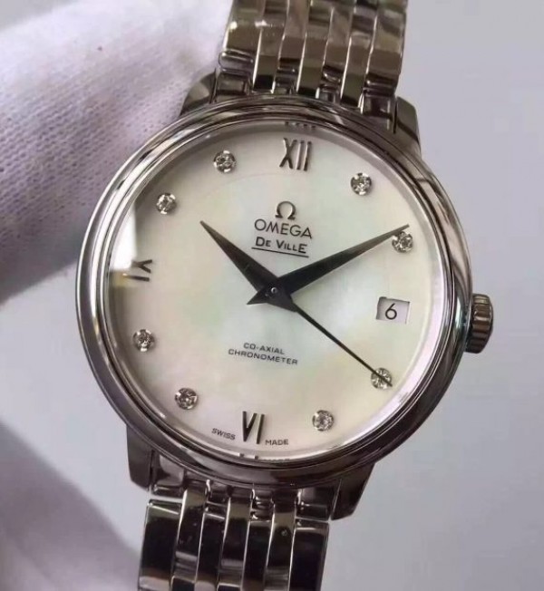 Replica Omega MKF De Ville 33mm Diamonds Markers White Dial SS Bracelet A2824