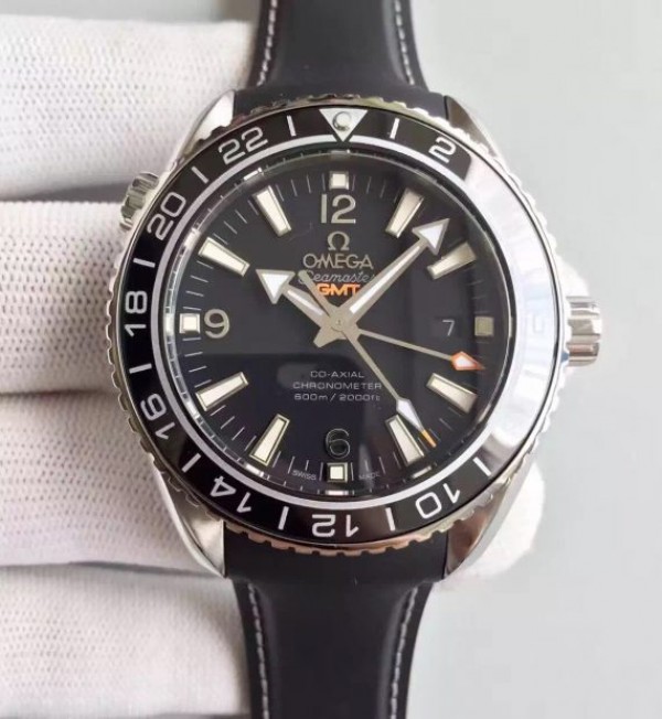 Replica Omega Planet Ocean SS GMT Black Dial Silver Markers Black Rubber Strap A8605
