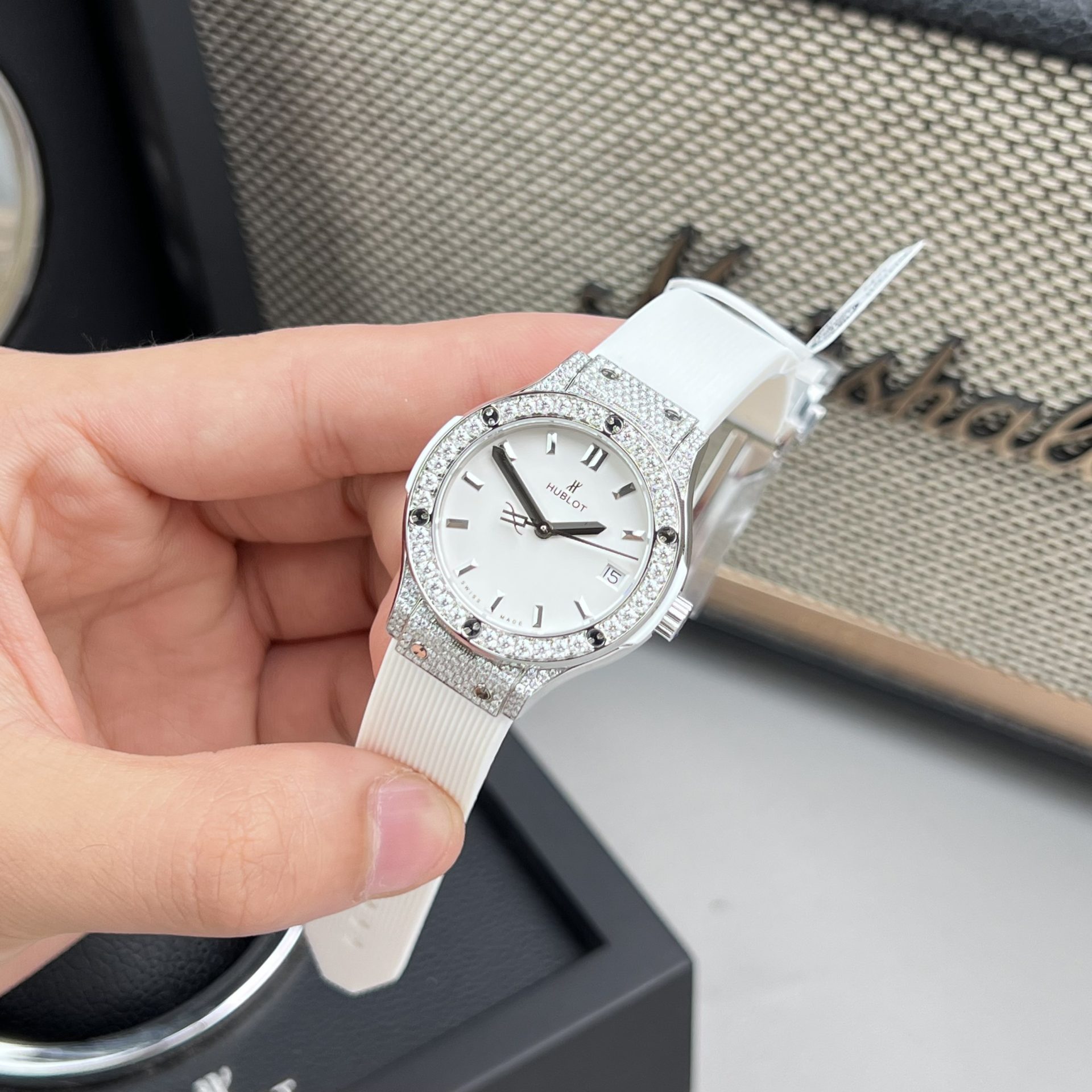 Hublot Replica Watch Classic Fusion White Dial Custom Moissanite Diamonds 33mm