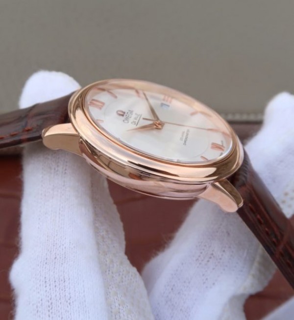 Replica Omega V6 De Ville 37mm RG White Dial RG Markers Leather Strap A2892
