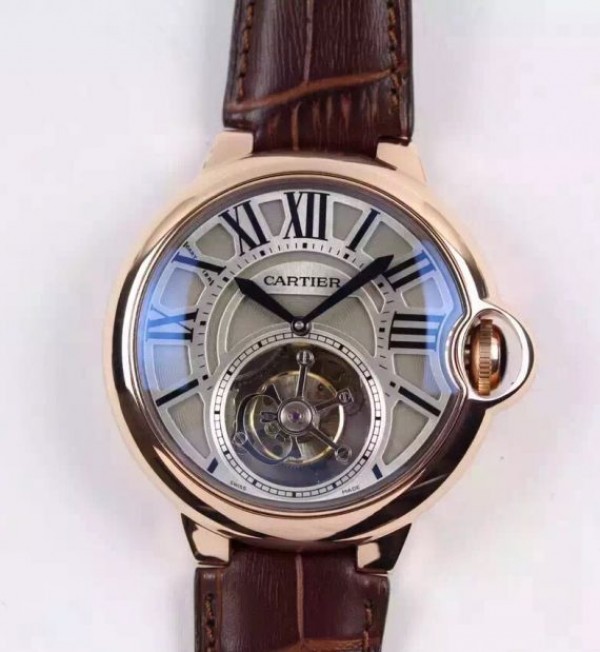 Replica Cartier Ballon de Cartier Tourbillon RG Gray Dial Leather Strap Flying Tour