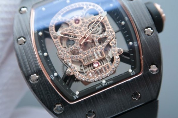 Replica Richard Mille RM052 Black Ceramic Full Paved Diamonds Skull Dial Black Rubber Strap MIYOTA8215