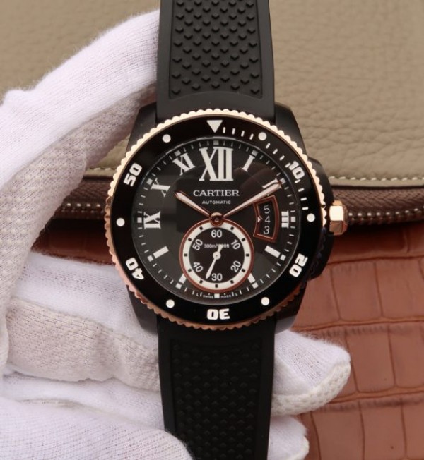Replica Cartier JJF Calibre De Cartier Diver DLC Black Dial RG Bezel Black Rubber Strap A23J