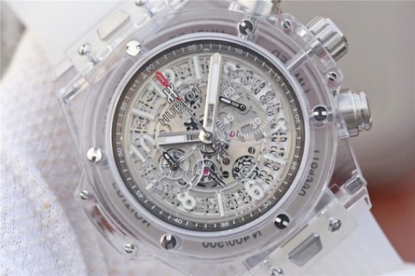 Replica Hublot Big Bang Unico Sapphire Plastic Case Skeleton Dial White Rubber Strap Jap Quartz
