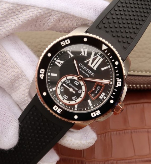 Replica Cartier JJF Calibre De Cartier Diver SS Black Dial RG Bezel Black Rubber Strap A23J