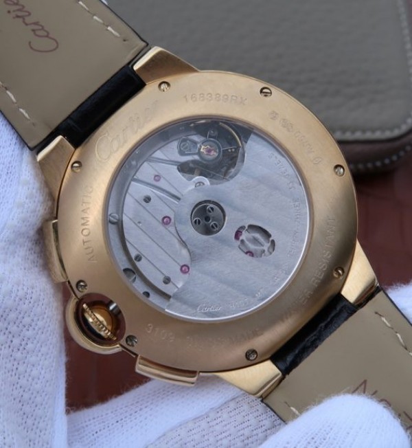 Replica Cartier Ballon Bleu De Cartier Chrono 47mm YG White Dial Leather Strap A8101