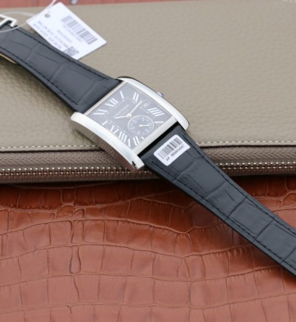 Replica Cartier Tank MC SS Black Textured Dial Black Leather Strap