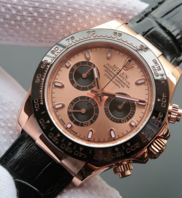 Replica Rolex Daytona 116515 N RG/Black Dial Black Leather Strap A7750