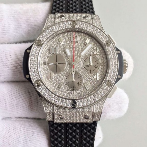 Replica Hublot Big Bang Full Pave Chrono Diamonds Dial Black Rubber Strap A7750