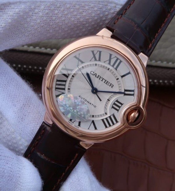 Replica Cartier V6 Ballon Bleu 36mm RG White Textured Dial Leather Strap