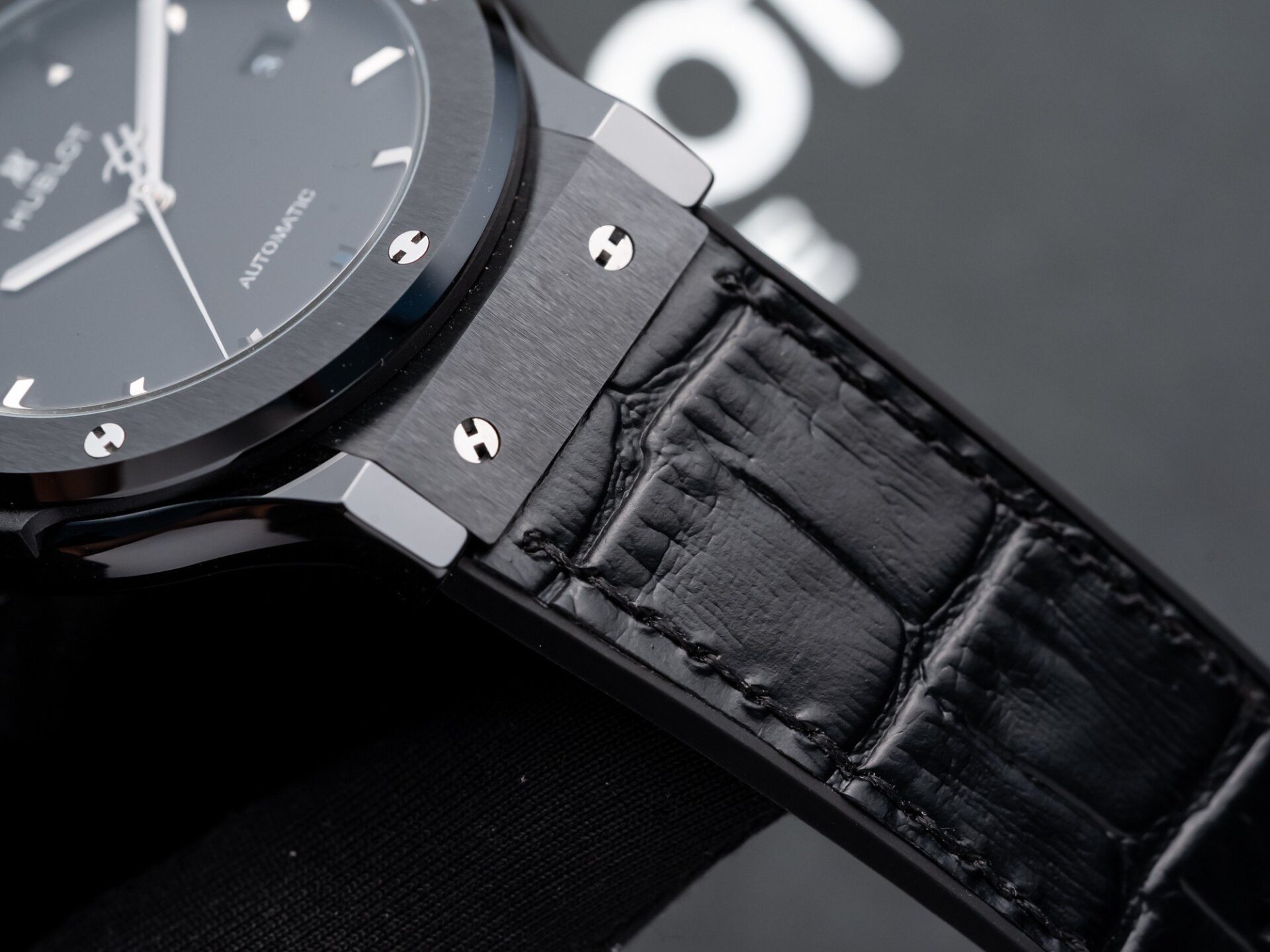 Hublot Classic Fusion Replica Watch Ceramic Carbon Dial Leather Strap GS Factory 42mm