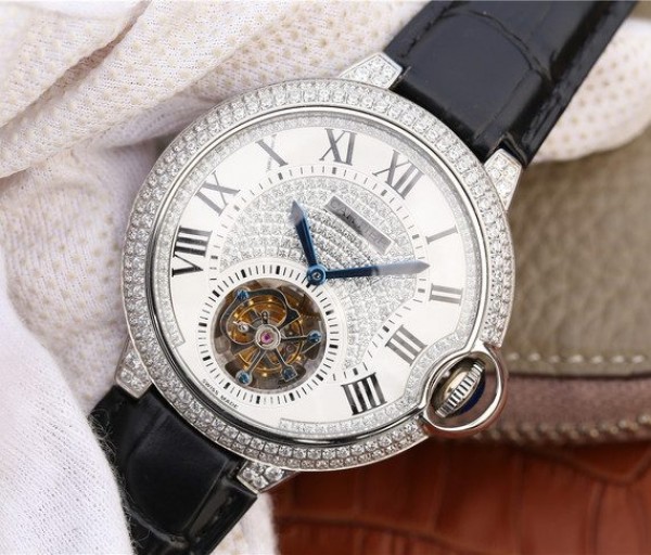 Replica Cartier Ballon Bleu de Cartier Tourbillon SS paved Diamonds Leather Strap