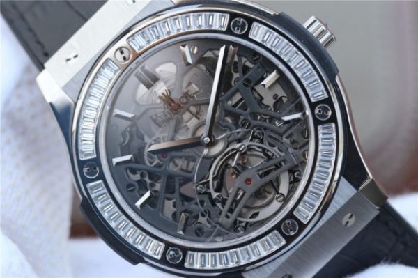 Replica Hublot Classic Fusion Tourbillon 42mm TF Skeleton Dial Black Gummy Strap A23J