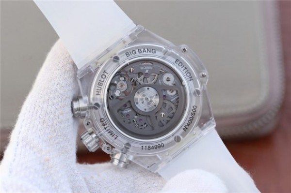 Replica Hublot Big Bang Unico Sapphire Plastic Case Skeleton Dial White Rubber Strap Jap Quartz