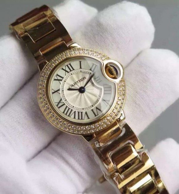 Replica Cartier Ballon Bleu 28mm YG Diamonds Bezel White Dial Bracelet Ronda Quartz