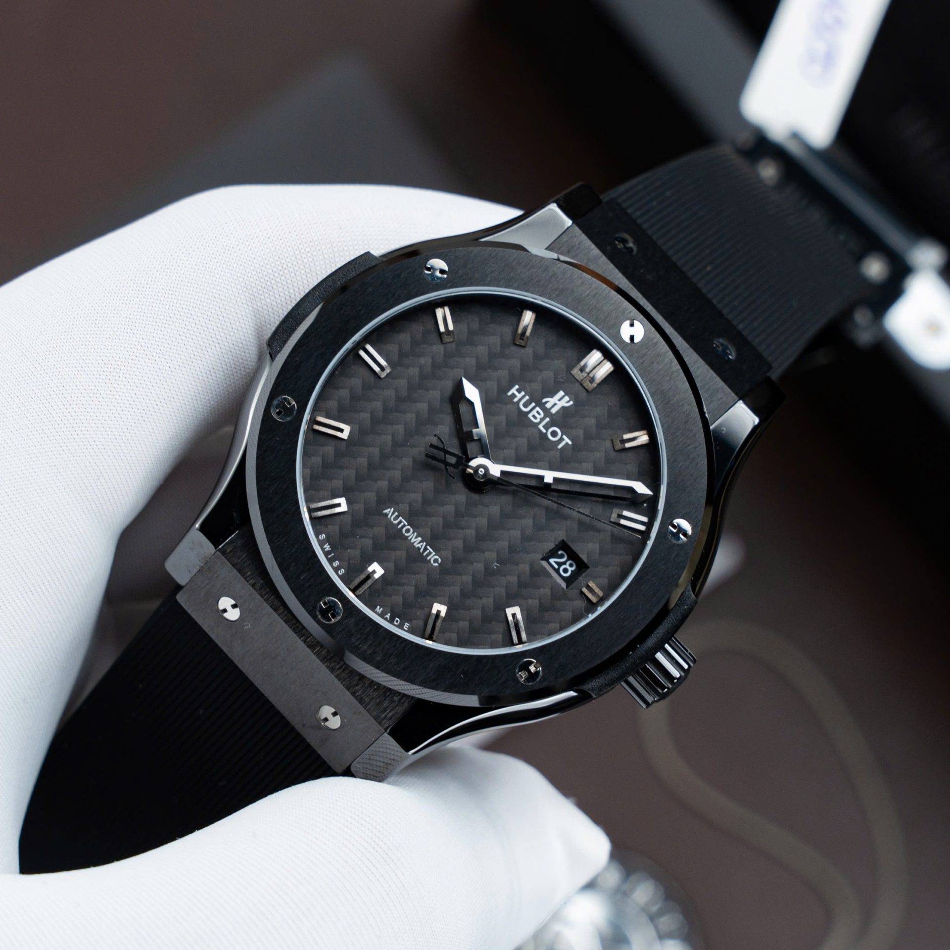 Hublot Classic Fusion Ceramic Replica Watch Carbon Dial Rubber Strap 42mm