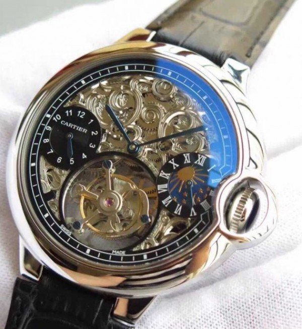 Replica Cartier Ballon Bleu Skeleton Tourbillon Black Dial Black Leather Strap