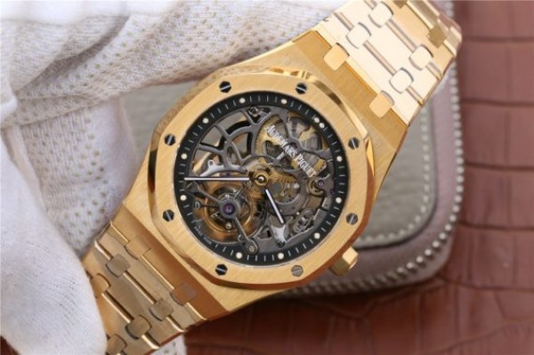 Replica Audemars Piguet Royal Oak Tourbillon Extra-Thin Openworked YG Skeleton Dial YG Bracelet