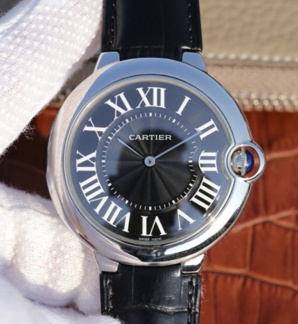 Replica Cartier TWF Ballon Bleu 46mm Black Textured Dial Leather Strap MIYOTA9015