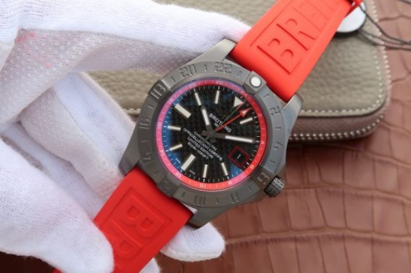 Replica Breitling Avenger GMT PVD GF Carbon Fiber Dial Red Rubber Strap A2836