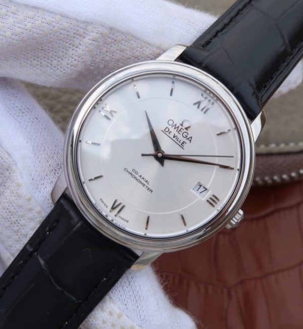Replica Omega V6 De Ville 37mm SS White Dial Black Leather Strap A2892