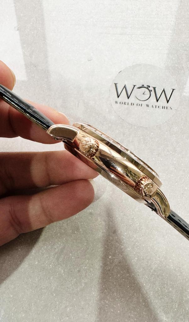 Replica PATEK PHILIPPE 6104P Moon RG Black Dial Diamond Bezel on Black Leather Strap A240 V2