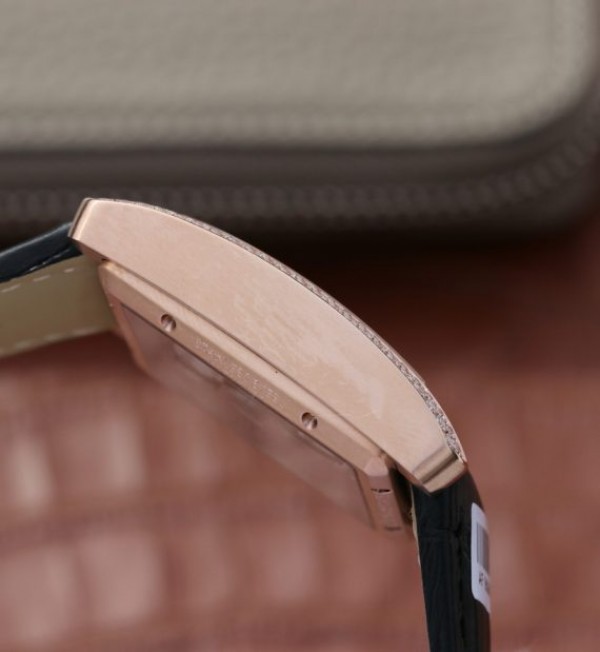 Replica Cartier Tank MC RG Black Textured Dial Diamonds Bezel Leather Strap