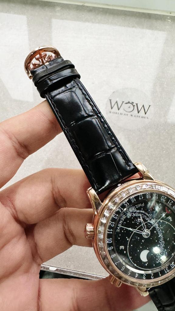 Replica PATEK PHILIPPE 6104P Moon RG Black Dial Diamond Bezel on Black Leather Strap A240 V2