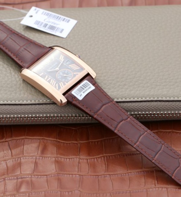 Replica Cartier Tank MC RG Gray Textured Dial Brown leather strap
