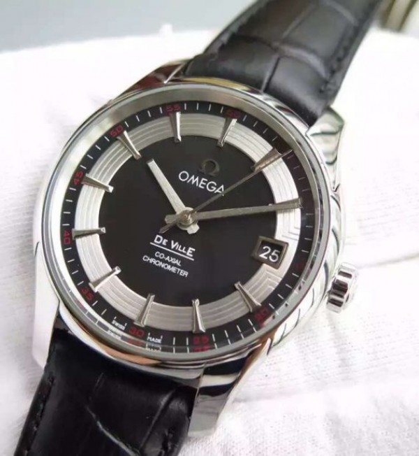 Replica Omega V6F De Ville Hour Vision Co-Axial 41mm SS Black Dial Black Leather Strap A8500